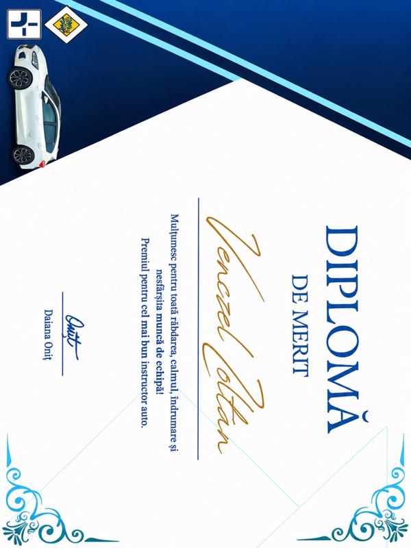 Diplomă de merit oferită instructorului Venczel Zoltan de o elevă